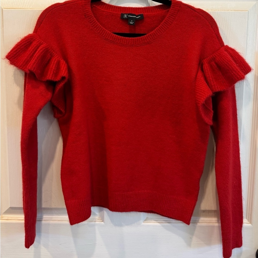INC Women’s Red Ruffled Shoulder Long Sleeve Sweater Size Small - Picture 4 of 9
